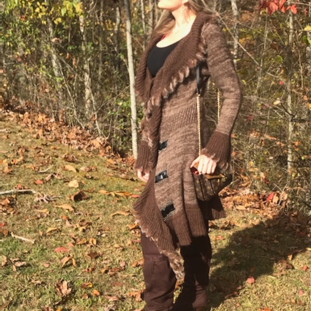 Long Sweater Cover-up Faux Fur Leather &  beads